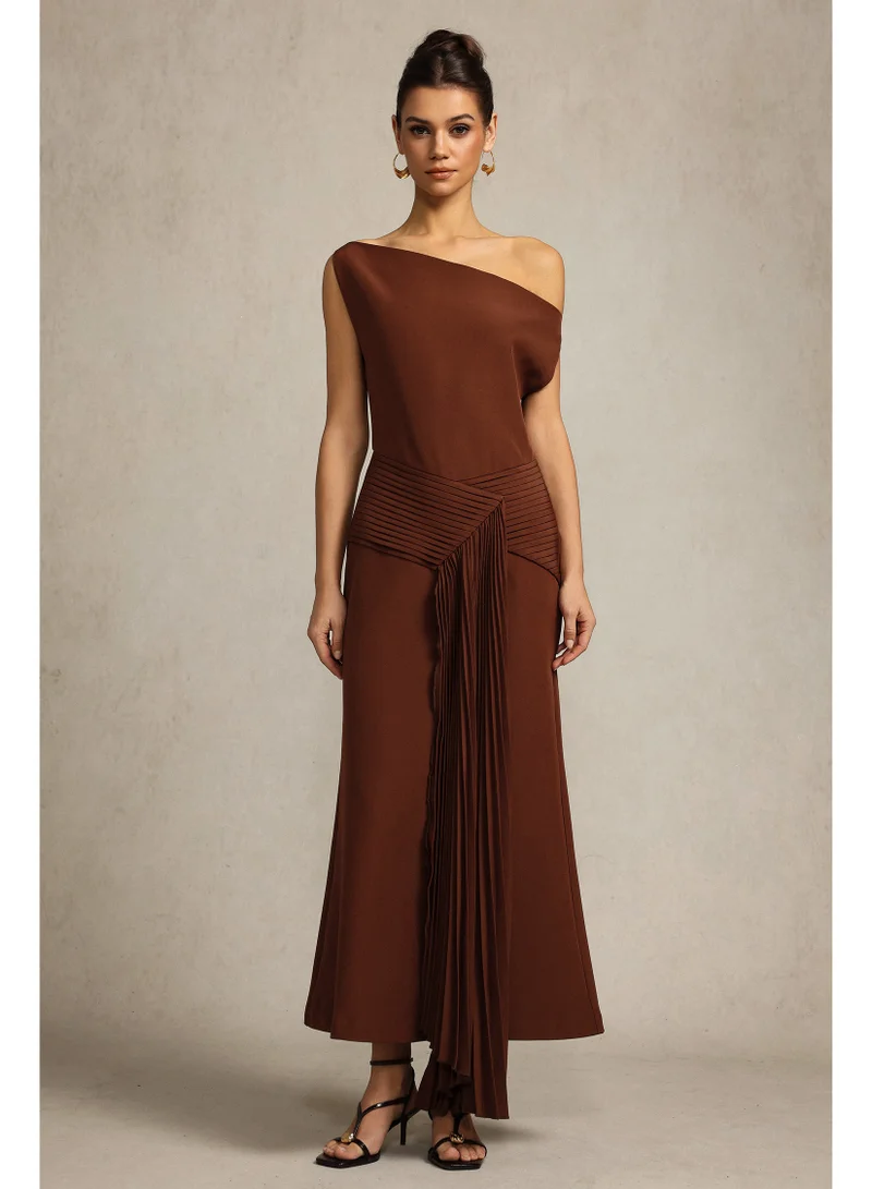Bella Barnett Paulina Oblique Shoulder Sleeveless Folds Brown Midi Dress